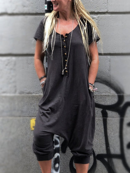 Black Casual Buttoned Round Neck Jumpsuits QAJ23