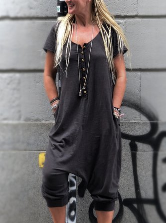 Black Casual Buttoned Round Neck Jumpsuits QAJ23