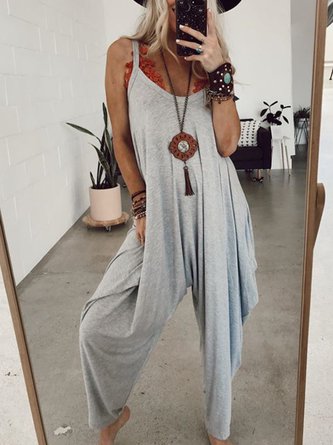 Gray Sleeveless Solid Round Neck Casual Jumpsuits QAJ10