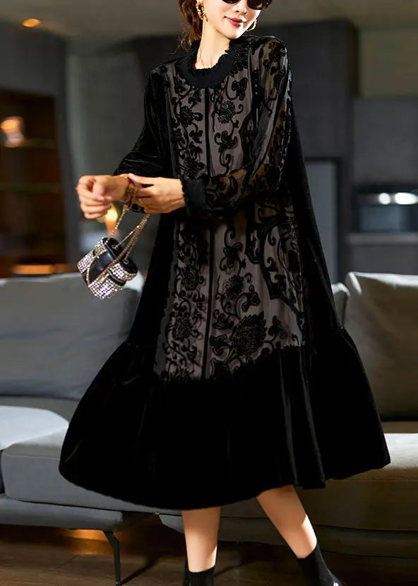 Elegant Black O-Neck Embroidered Patchwork Silk Velour Maxi Dress Long Sleeve Ada Fashion