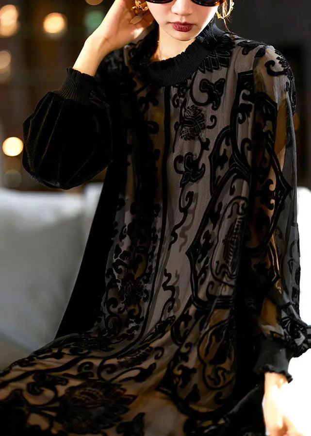 Elegant Black O-Neck Embroidered Patchwork Silk Velour Maxi Dress Long Sleeve Ada Fashion