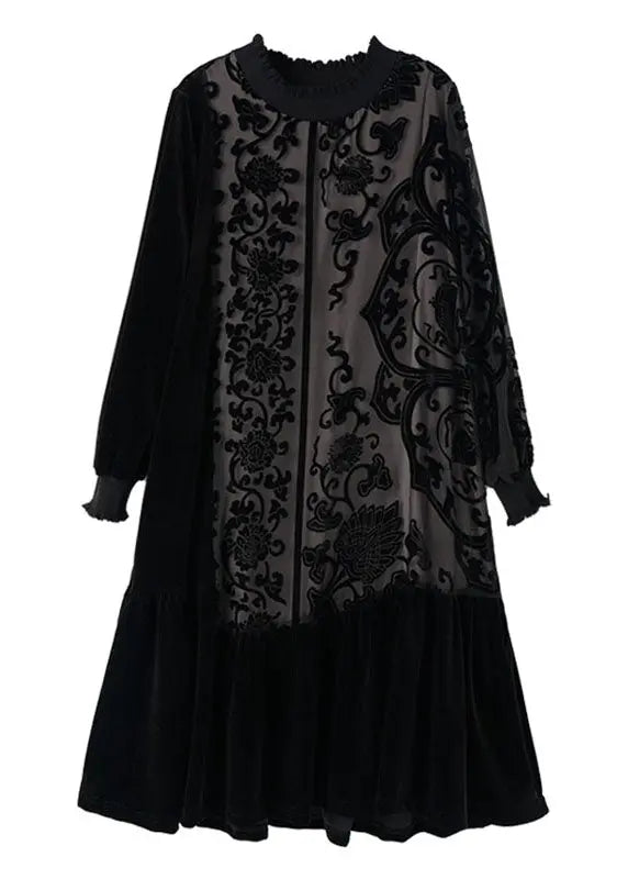 Elegant Black O-Neck Embroidered Patchwork Silk Velour Maxi Dress Long Sleeve Ada Fashion