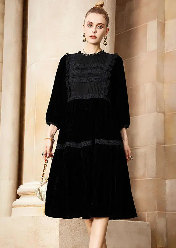 Elegant Black O-Neck Patchwork Silk Velour Holiday Maxi Dress Fall Ada Fashion