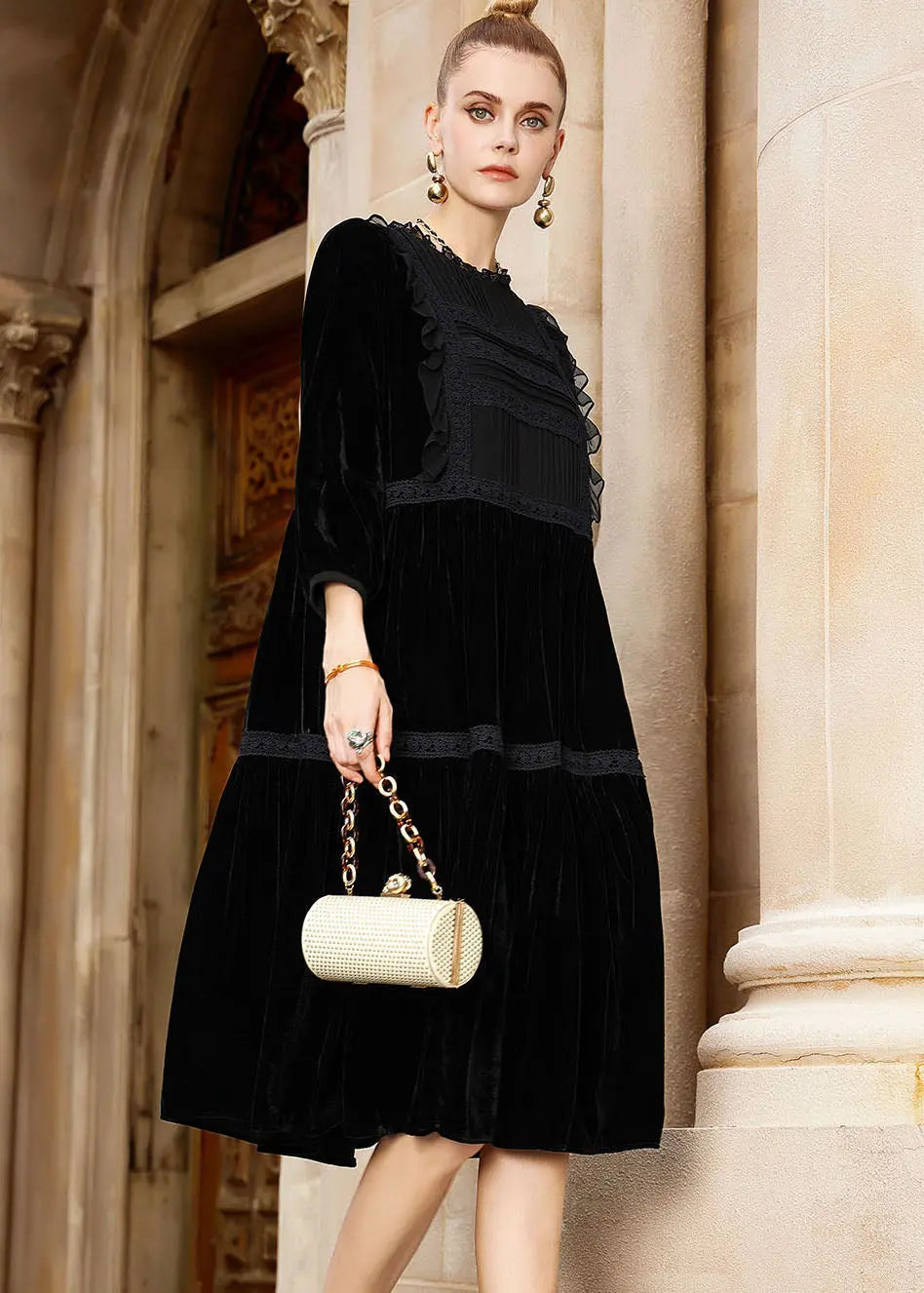 Elegant Black O-Neck Patchwork Silk Velour Holiday Maxi Dress Fall Ada Fashion