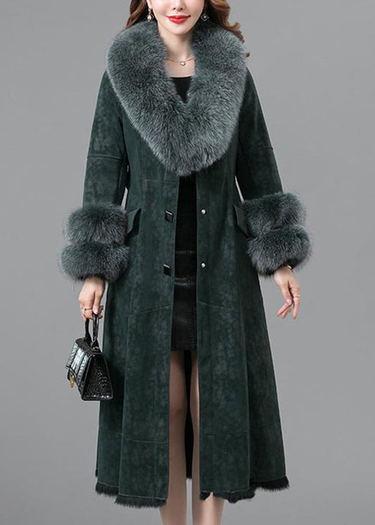 Elegant Blackish Green Slim Fit Faux Rabbit Leather And Fur Coats Winter Ada Fashion
