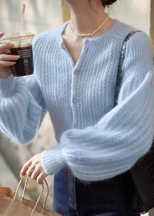 Elegant Blue Sweaters Lantern Sleeve