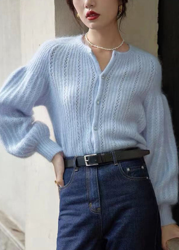 Elegant Blue Sweaters Lantern Sleeve