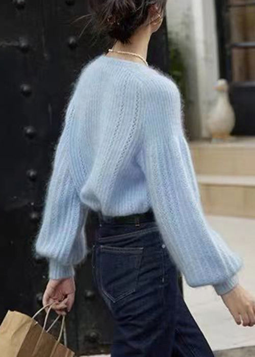 Elegant Blue Sweaters Lantern Sleeve