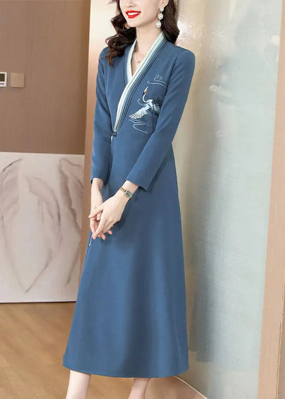 Elegant Blue Embroidered Button Long Dress Long Sleeve Ada Fashion