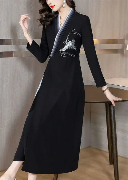 Elegant Blue Embroidered Button Long Dress Long Sleeve Ada Fashion