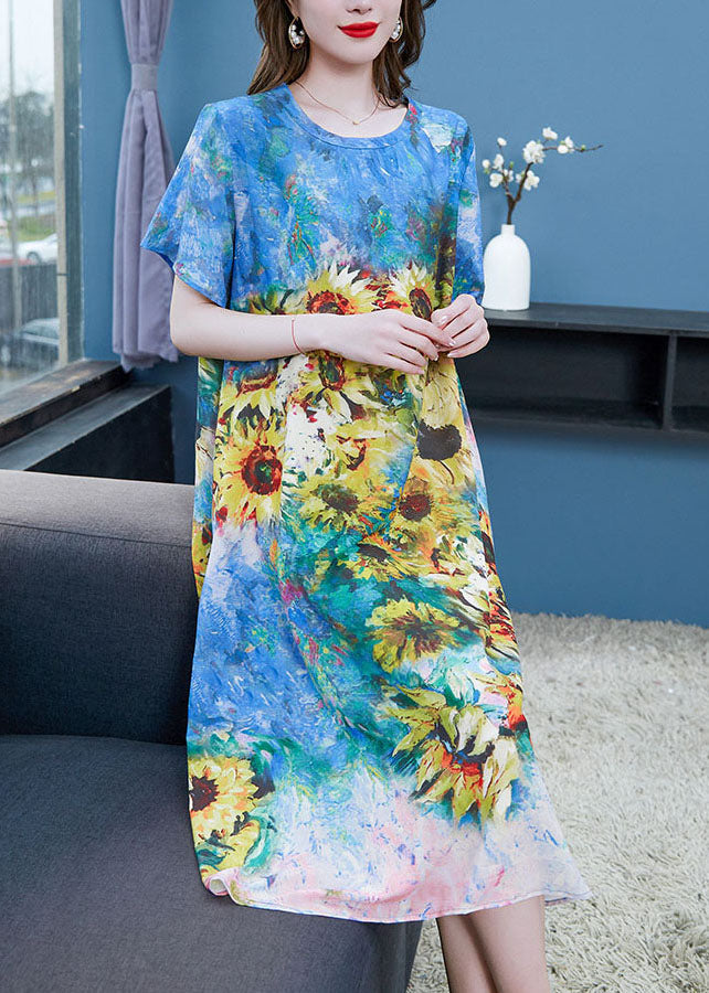 Elegant Blue O Neck The Sunflowers Patchwork Chiffon Dresses Summer Ada Fashion