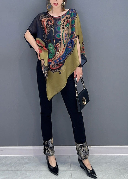 Elegantes Chiffon-Top mit asymmetrischem Farbblock-Print und Fledermausärmeln