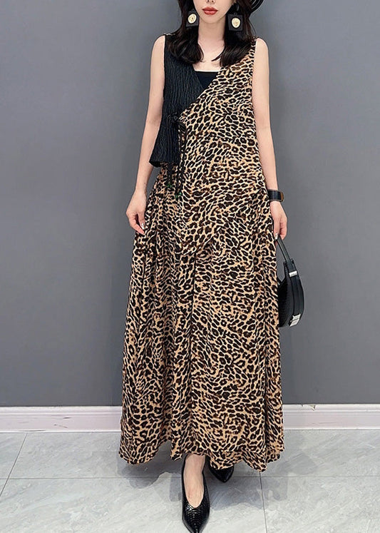 Elegant Leopard Tie Waist Top And Maxi Skirts Two Pieces Set Summer LY4370