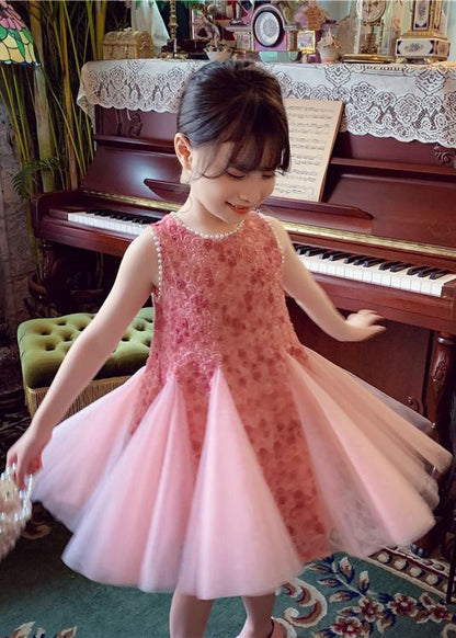 Robe de princesse élégante en tulle pour bébé fille avec nœud rose et perles, patchwork, sans manches