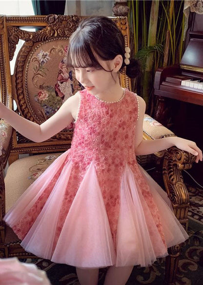 Robe de princesse élégante en tulle pour bébé fille avec nœud rose et perles, patchwork, sans manches