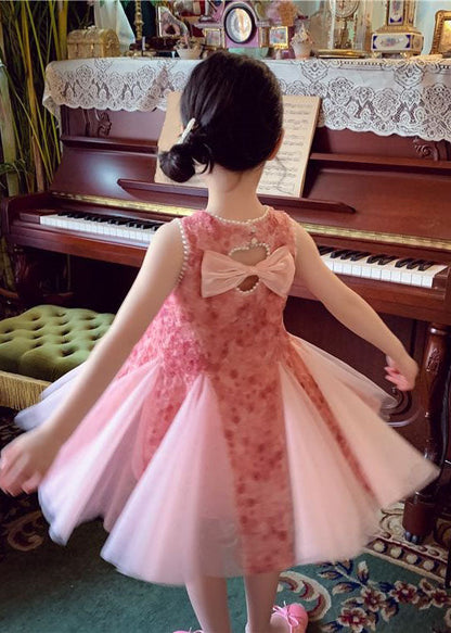 Robe de princesse élégante en tulle pour bébé fille avec nœud rose et perles, patchwork, sans manches