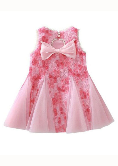 Robe de princesse élégante en tulle pour bébé fille avec nœud rose et perles, patchwork, sans manches