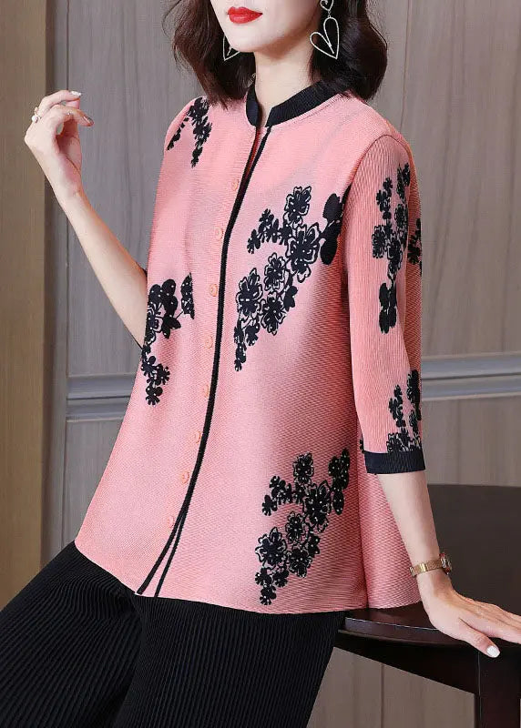 Elegant Pink Stand Collar Print Patchwork Button Shirts Bracelet Sleeve Ada Fashion