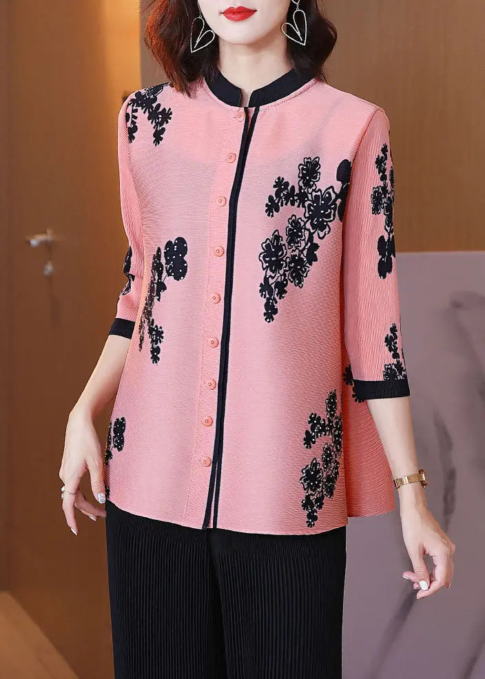 Elegant Pink Stand Collar Print Patchwork Button Shirts Bracelet Sleeve Ada Fashion