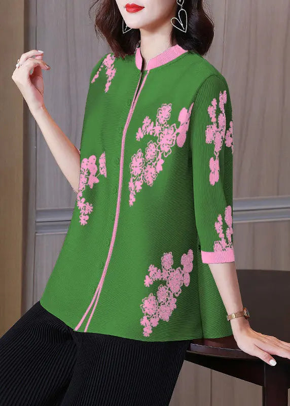 Elegant Pink Stand Collar Print Patchwork Button Shirts Bracelet Sleeve Ada Fashion