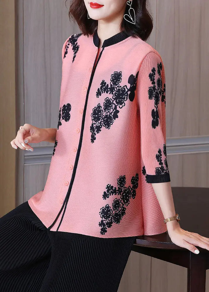 Elegant Pink Stand Collar Print Patchwork Button Shirts Bracelet Sleeve Ada Fashion