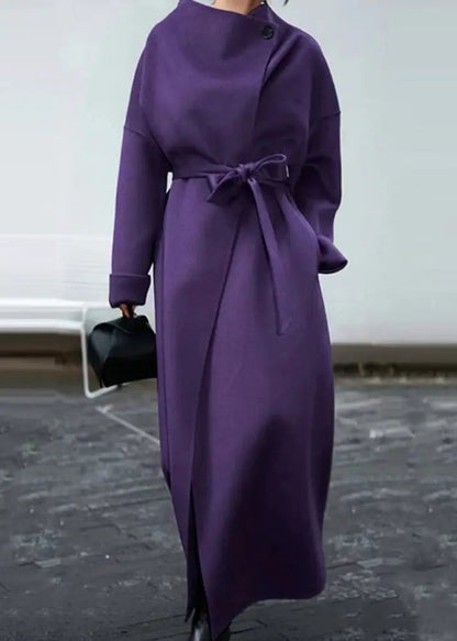 Elegant Purple Pockets Tie Waist Patchwork Woolen Coat Winter Ada Fashion