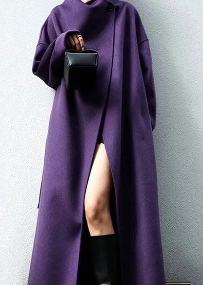 Elegant Purple Pockets Tie Waist Patchwork Woolen Coat Winter Ada Fashion