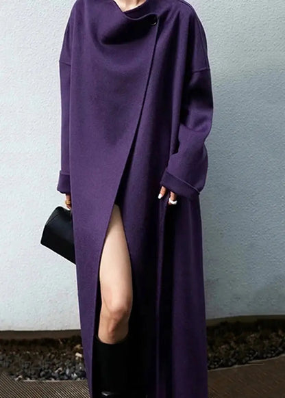 Elegant Purple Pockets Tie Waist Patchwork Woolen Coat Winter Ada Fashion