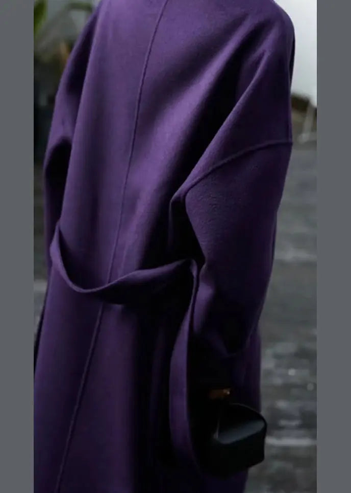 Elegant Purple Pockets Tie Waist Patchwork Woolen Coat Winter Ada Fashion