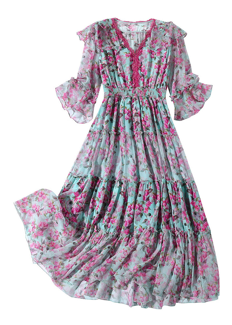 Elegant Purple V Neck Print Patchwork Tunic Silk Long Dress Long Sleeve LY1037