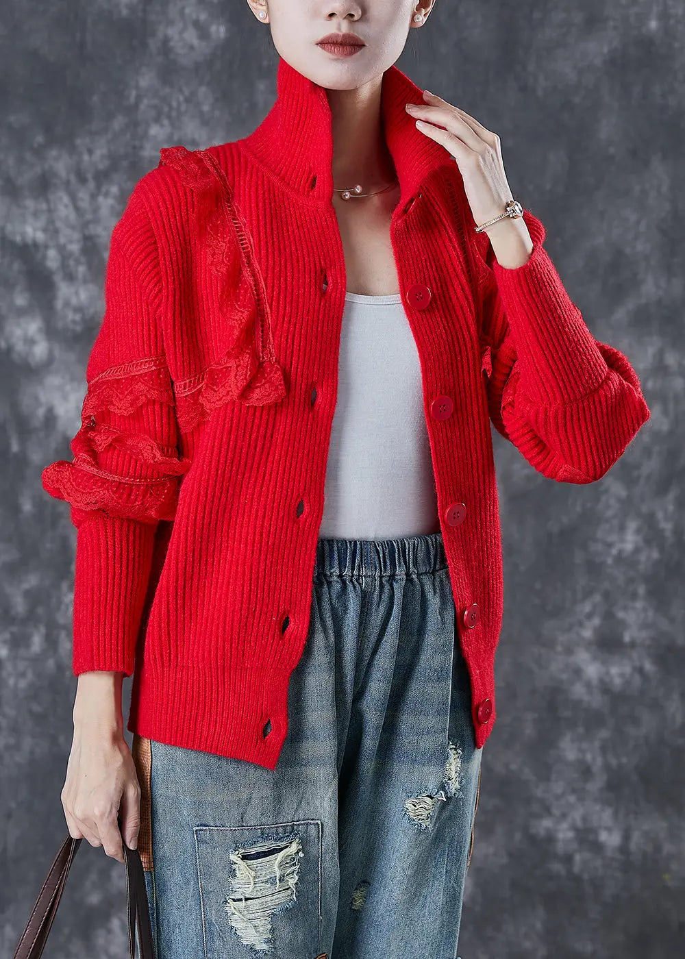 Elegant Red Peter Pan Collar Lace Patchwork Knit Coats Winter Ada Fashion