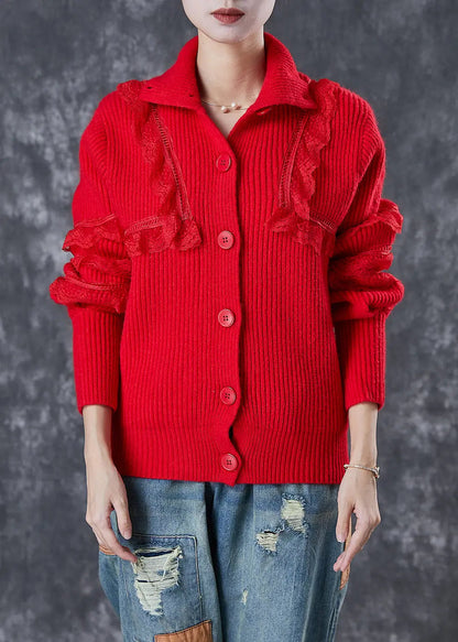 Elegant Red Peter Pan Collar Lace Patchwork Knit Coats Winter Ada Fashion