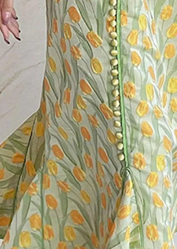 Elegant Yellow Green Embroidered Button Silk Maxi Dresses Fall Ada Fashion