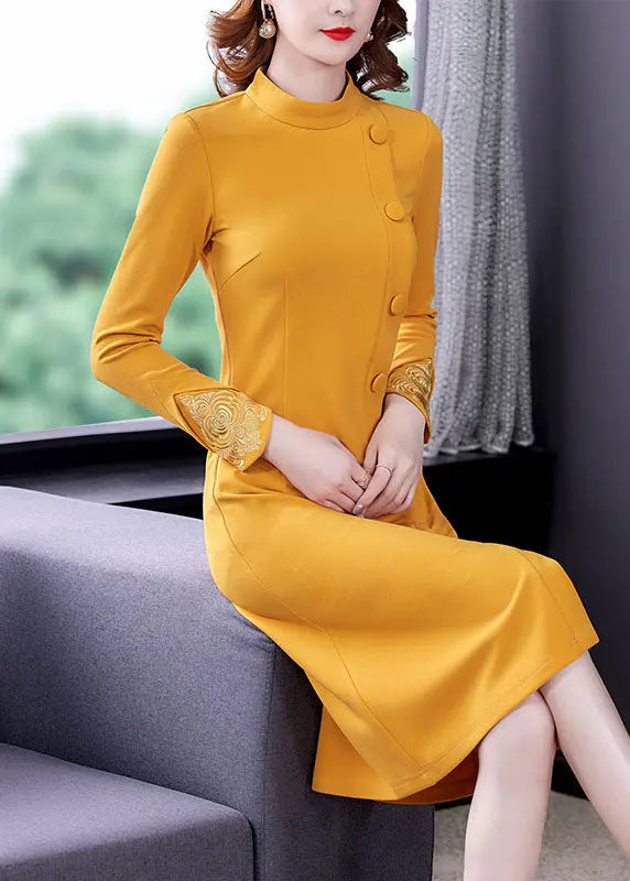 Elegant Yellow O-Neck Embroidered Button Maxi Dress Fall Ada Fashion