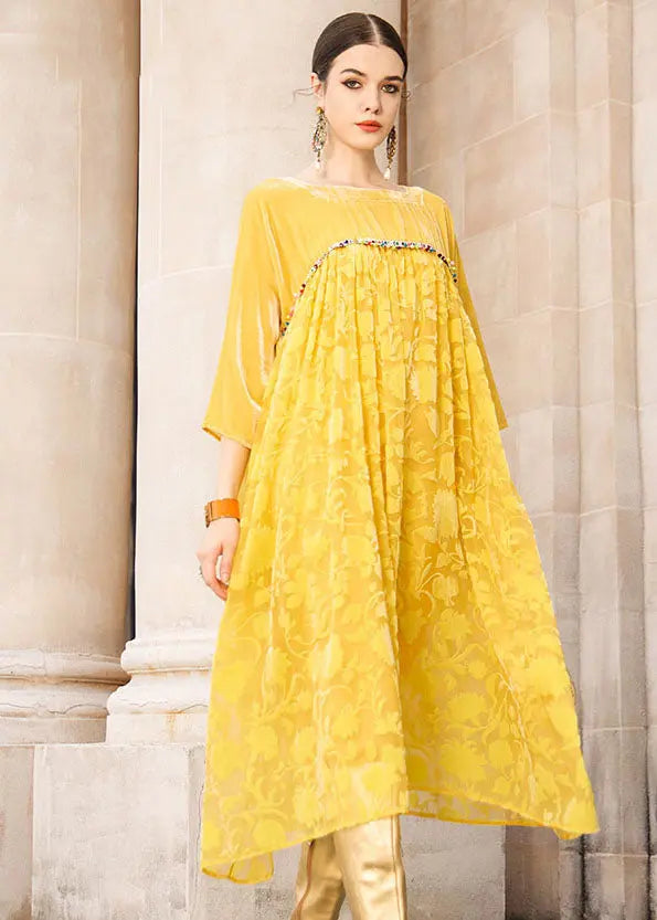 Elegant Yellow Square Collar Patchwork Silk Velour Maxi Dress Bracelet Sleeve Ada Fashion