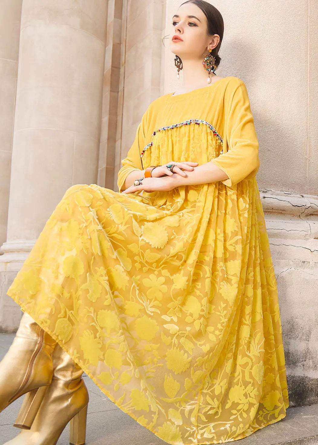 Elegant Yellow Square Collar Patchwork Silk Velour Maxi Dress Bracelet Sleeve Ada Fashion