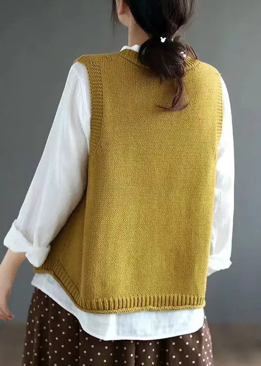 Elegant Yellow V Neck Button Patchwork Cotton Knit Waistcoat Sleeveless Ada Fashion