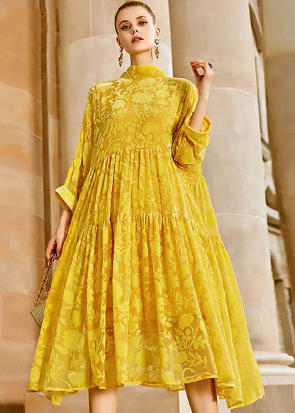 Elegant Yellow Wrinkled Bow Silk Velour Patchwork Long Dress Long Sleeve Ada Fashion