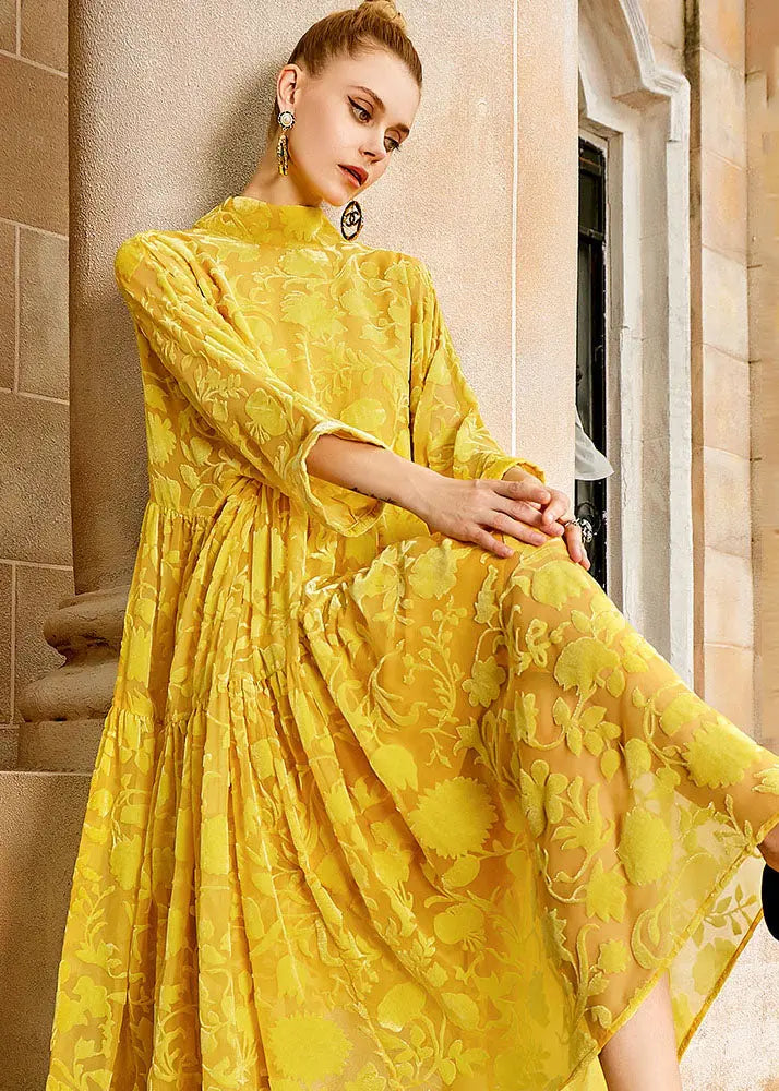 Elegant Yellow Wrinkled Bow Silk Velour Patchwork Long Dress Long Sleeve Ada Fashion