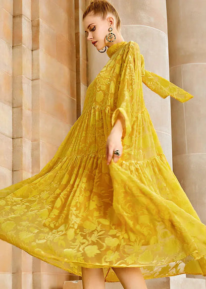 Elegant Yellow Wrinkled Bow Silk Velour Patchwork Long Dress Long Sleeve Ada Fashion