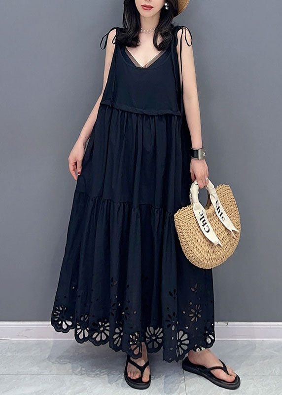 Fashion Black Hollow Out Lace Up Patchwork Cotton Dresses Sleeveless Ada Fashion