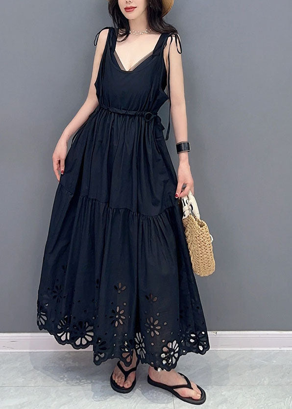 Fashion Black Hollow Out Lace Up Patchwork Cotton Dresses Sleeveless Ada Fashion