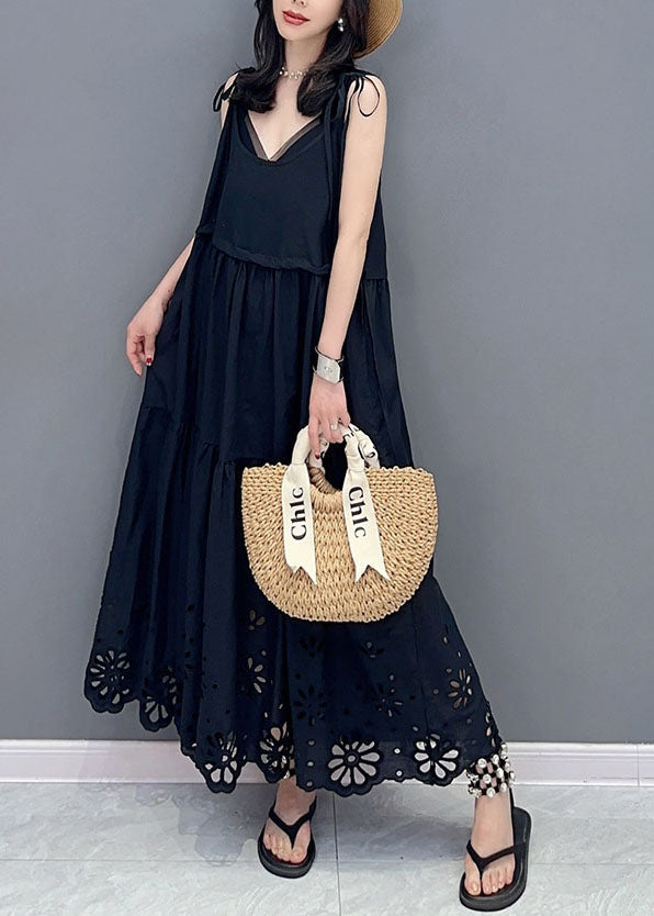 Fashion Black Hollow Out Lace Up Patchwork Cotton Dresses Sleeveless Ada Fashion