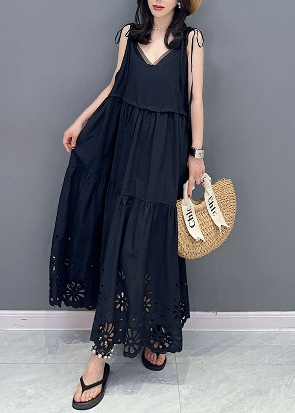 Fashion Black Hollow Out Lace Up Patchwork Cotton Dresses Sleeveless Ada Fashion