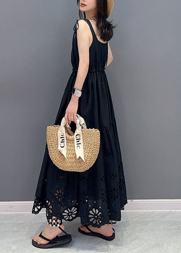 Fashion Black Hollow Out Lace Up Patchwork Cotton Dresses Sleeveless Ada Fashion