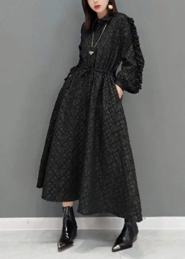 Fashion Black Ruffled Jacquard Patchwork Cotton Long Dress Fall Ada Fashion