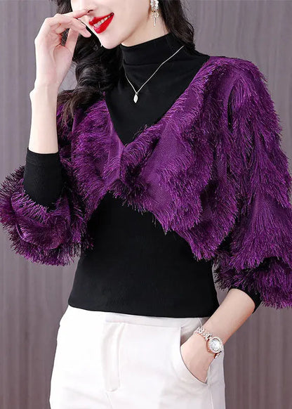 Fashion Black Turtleneck Fuzzy Fur Fluffy Patchwork Fake Two Pieces Tops Fall Ada Fashion