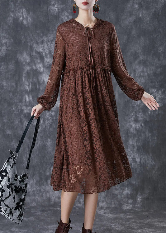 Fashion Chocolate Ruffled Hollow Out Lace Long Dresses Fall Ada Fashion