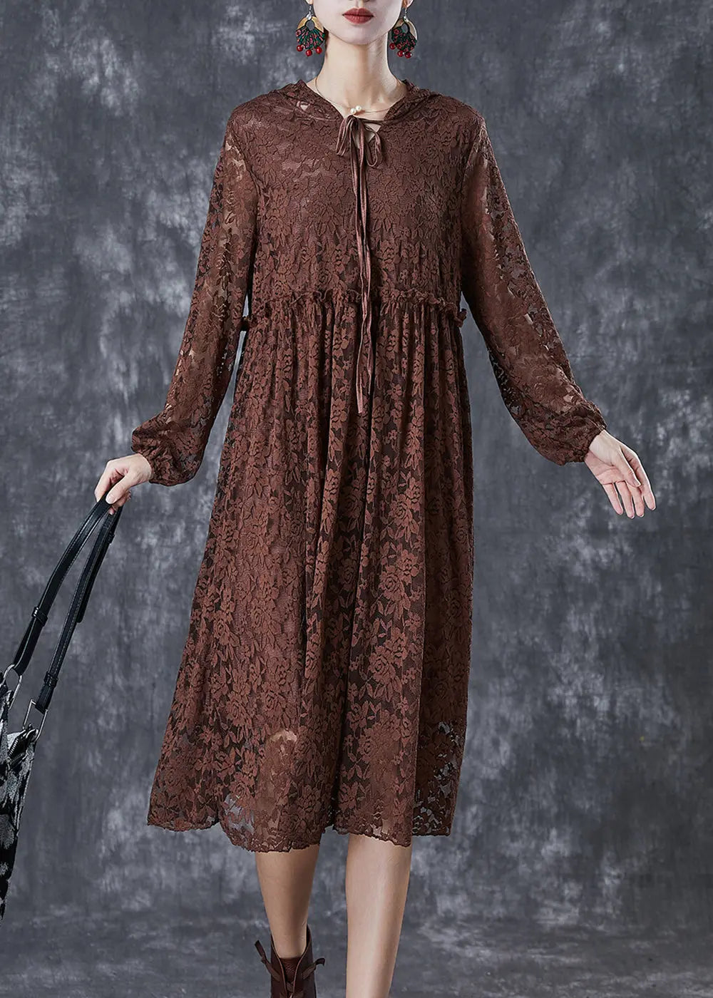 Fashion Chocolate Ruffled Hollow Out Lace Long Dresses Fall Ada Fashion