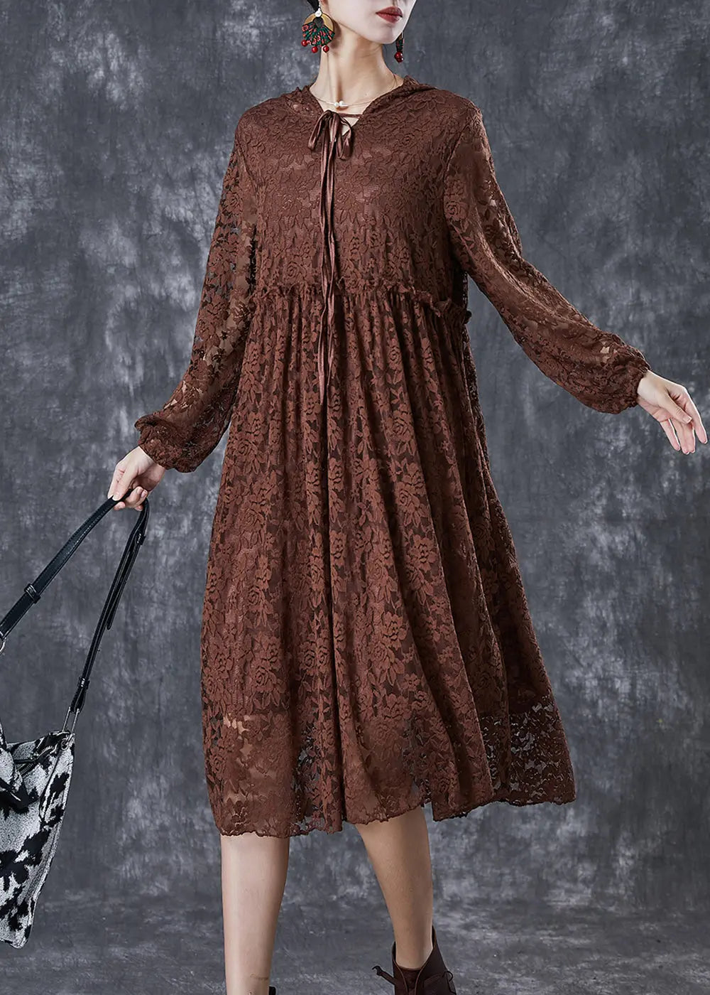 Fashion Chocolate Ruffled Hollow Out Lace Long Dresses Fall Ada Fashion